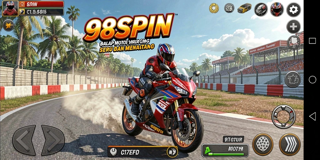 Screenshot 98SPIN menampilkan aksi balapan motor yang mendebarkan.