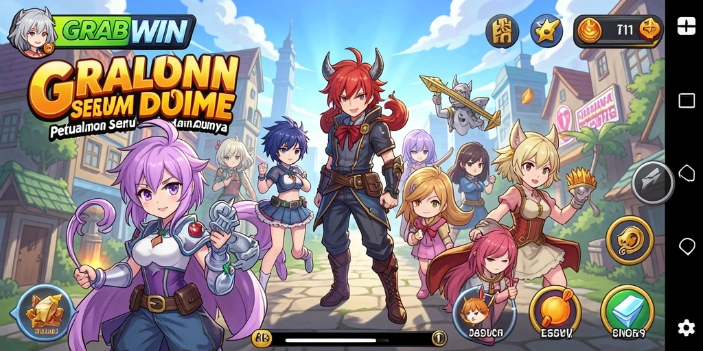 Tangkapan layar gameplay <strong>GRABWIN</strong> memperlihatkan aksi seru dan karakter anime yang menarik.