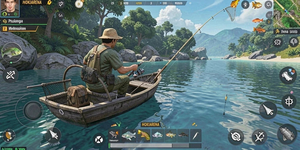 Tampilan gameplay HOKIARENA yang menarik saat menangkap ikan di danau.