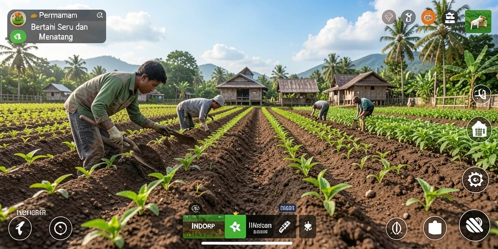 Screenshot gameplay INDORP menampilkan aktivitas bertani yang dinamis dan menarik.