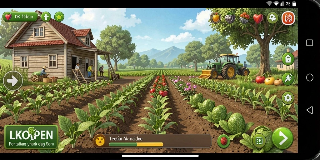 Tampilan gameplay LKOPEN saat mengelola pertanian yang indah dan produktif.