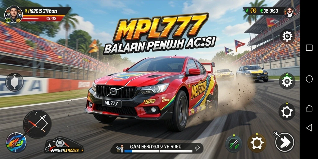 Tampilan gameplay seru dengan mobil balap menegangkan di lintasan.