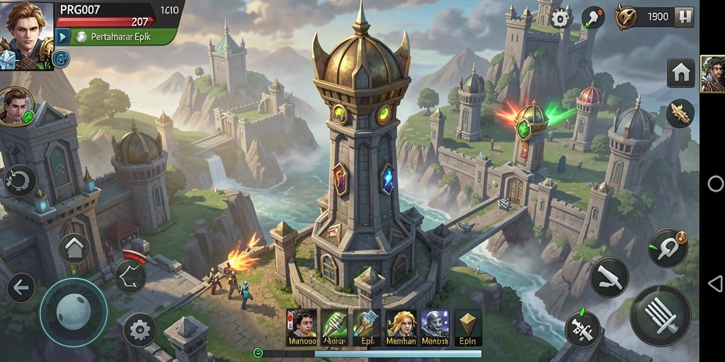 Screenshot utama PRG007 menunjukkan pertarungan menara dalam Tower Defense.