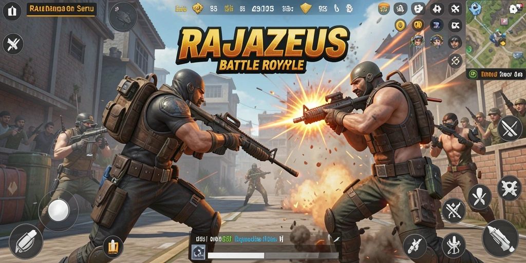 Screenshot gameplay <strong>RAJAZEUS</strong> menampilkan aksi seru dan strategi pertempuran Battle Royale.