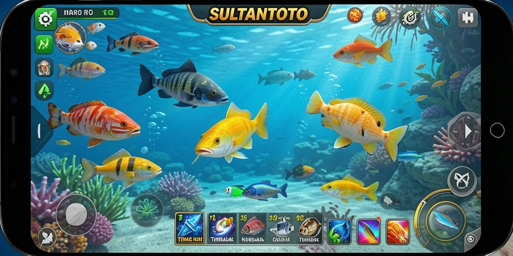 Screenshot gameplay SULTANTOTO menampilkan aksi menembak ikan yang mendebarkan.